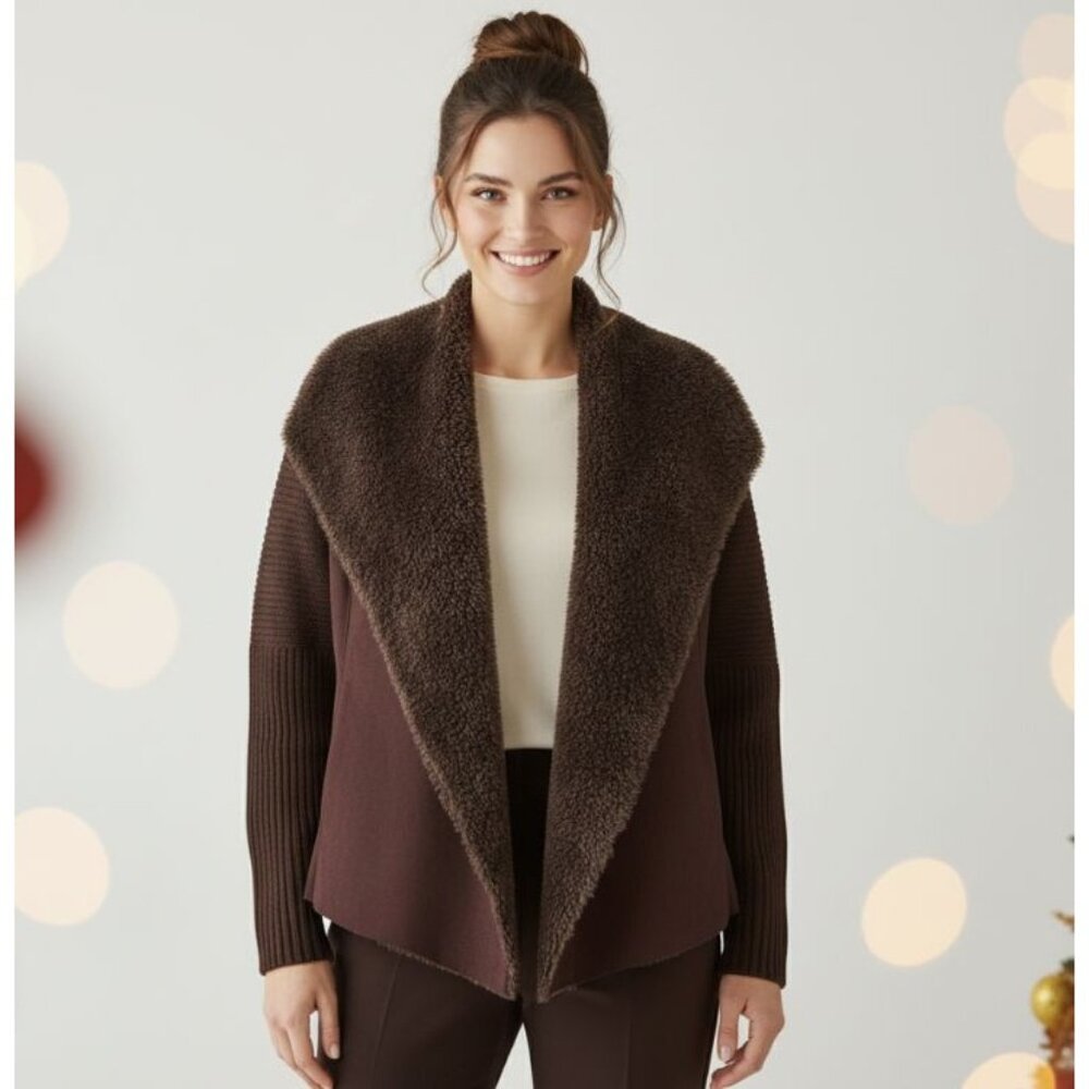 ❤️CHELSEA & THEODORE M Women's Brown FAUX FUR TEDDY Coat Cardigan Sweater Jacket